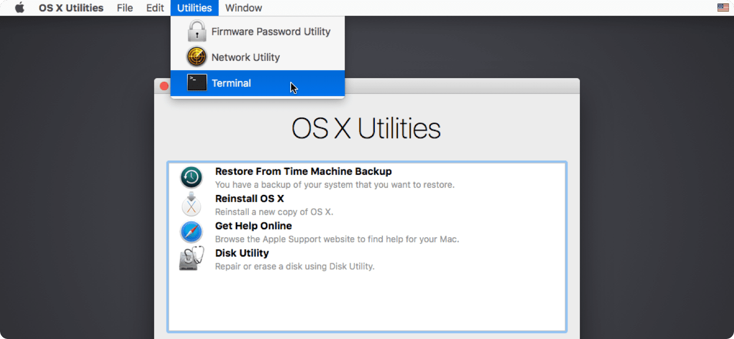 Utilities menu with Terminal in macOS Recovery